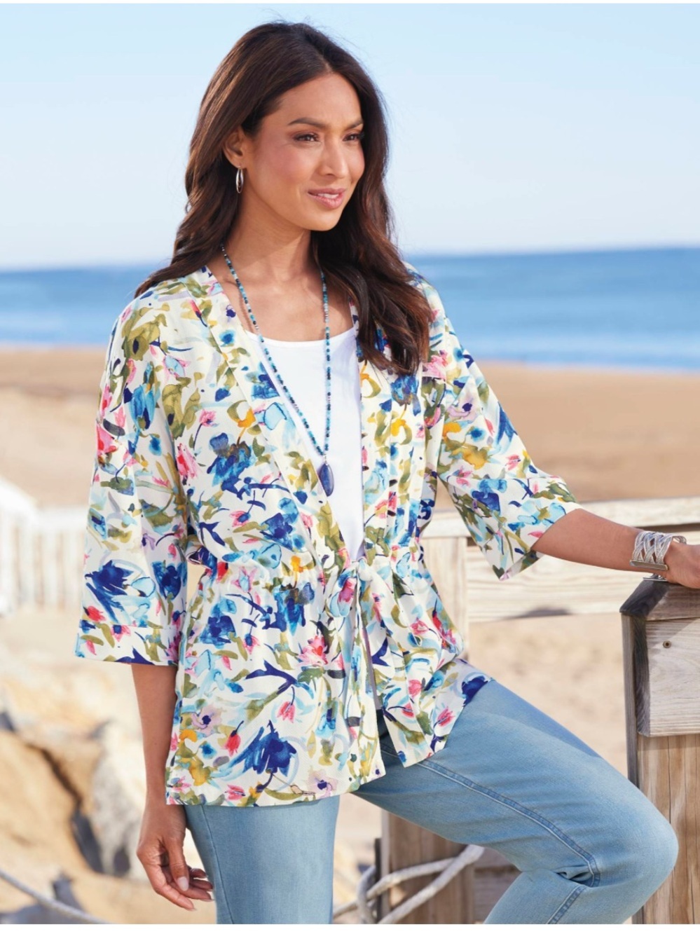 Floral Tie-Front Lightweight Kimono Jacket - Multicolor 2XL